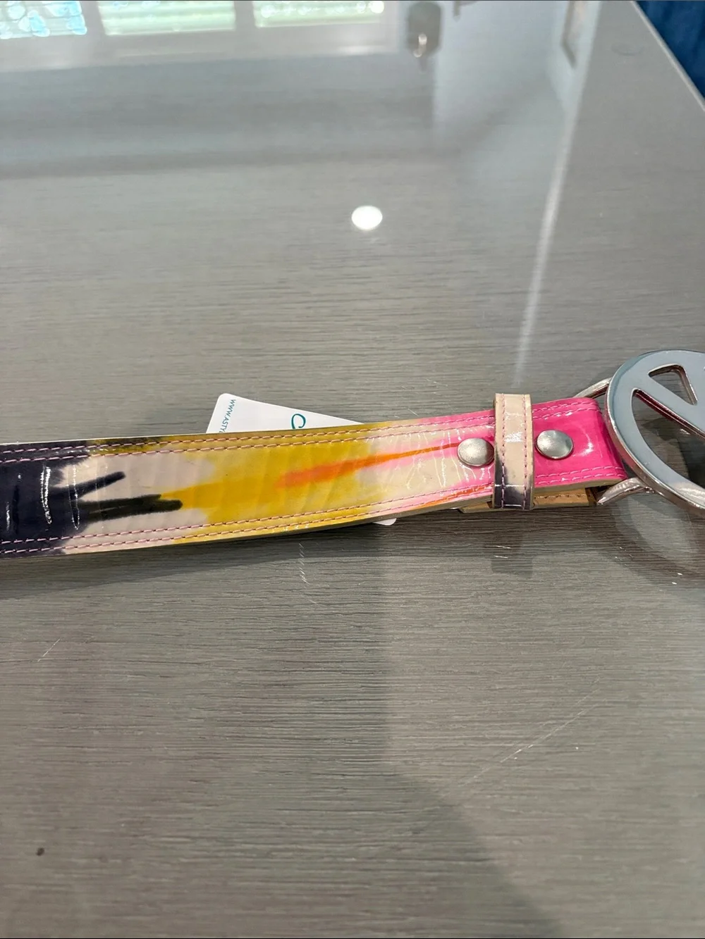 Sweetees Multicolor Patent Leather Belt with Silver Peace Sign Buckle